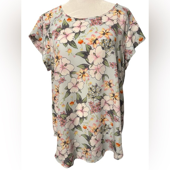 Lily White floral top on light blue background cap sleeves NWOT Women's Large - Picture 1 of 11